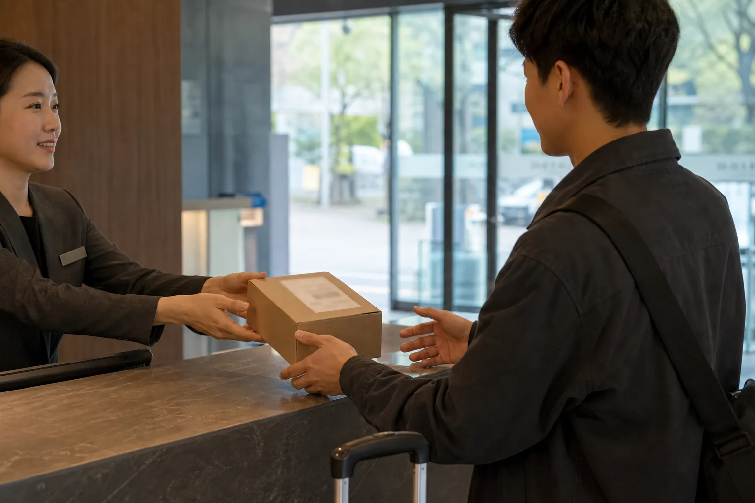 A hotel receptionist sliding a small parcel toward a traveler with a suitcase in the morning