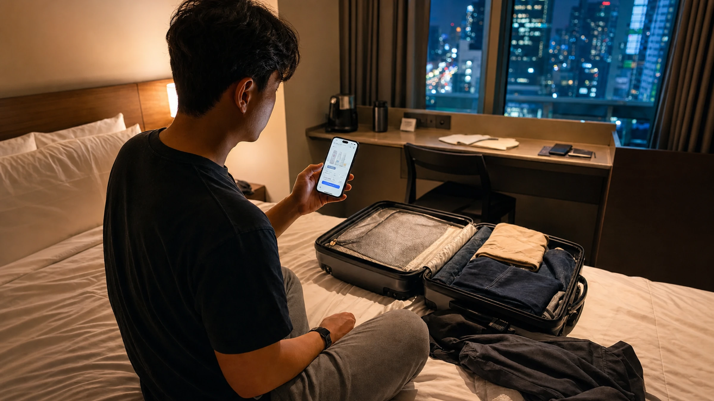 A traveler checking an online skincare order beside an open suitcase in a Seoul hotel at night
