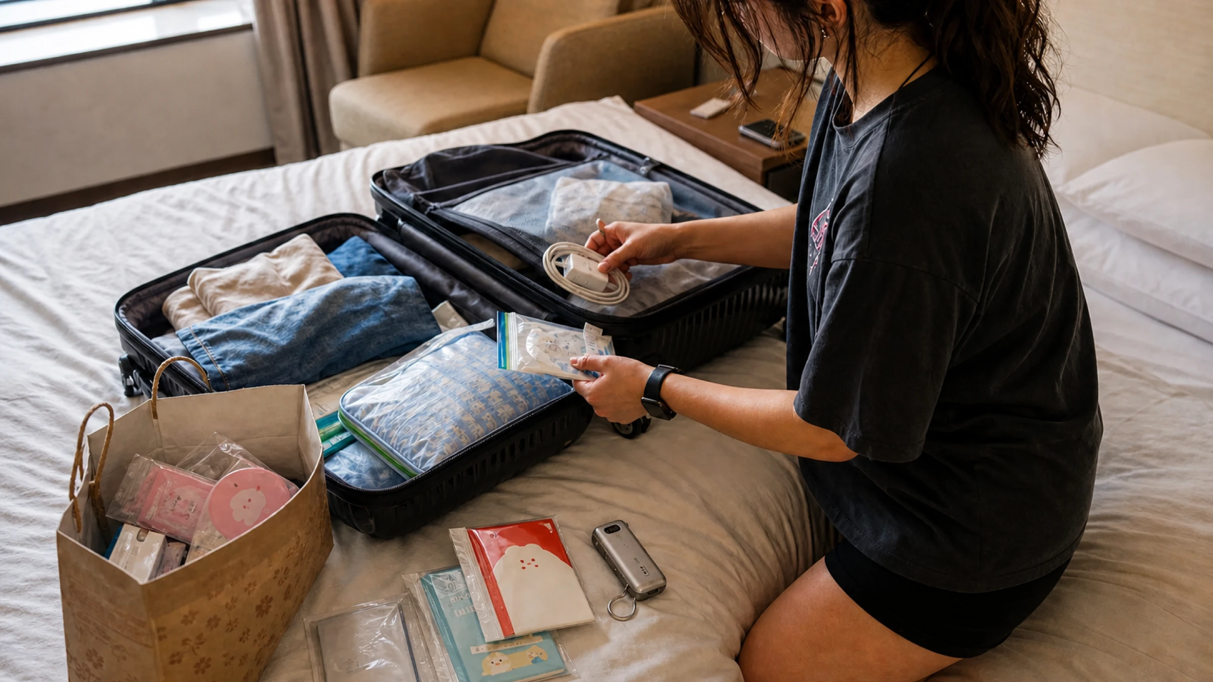 An editorial scene created for Staydrop of a traveler sorting a charging cable, resealable bags, flat gifts, and a luggage scale beside an open suitcase