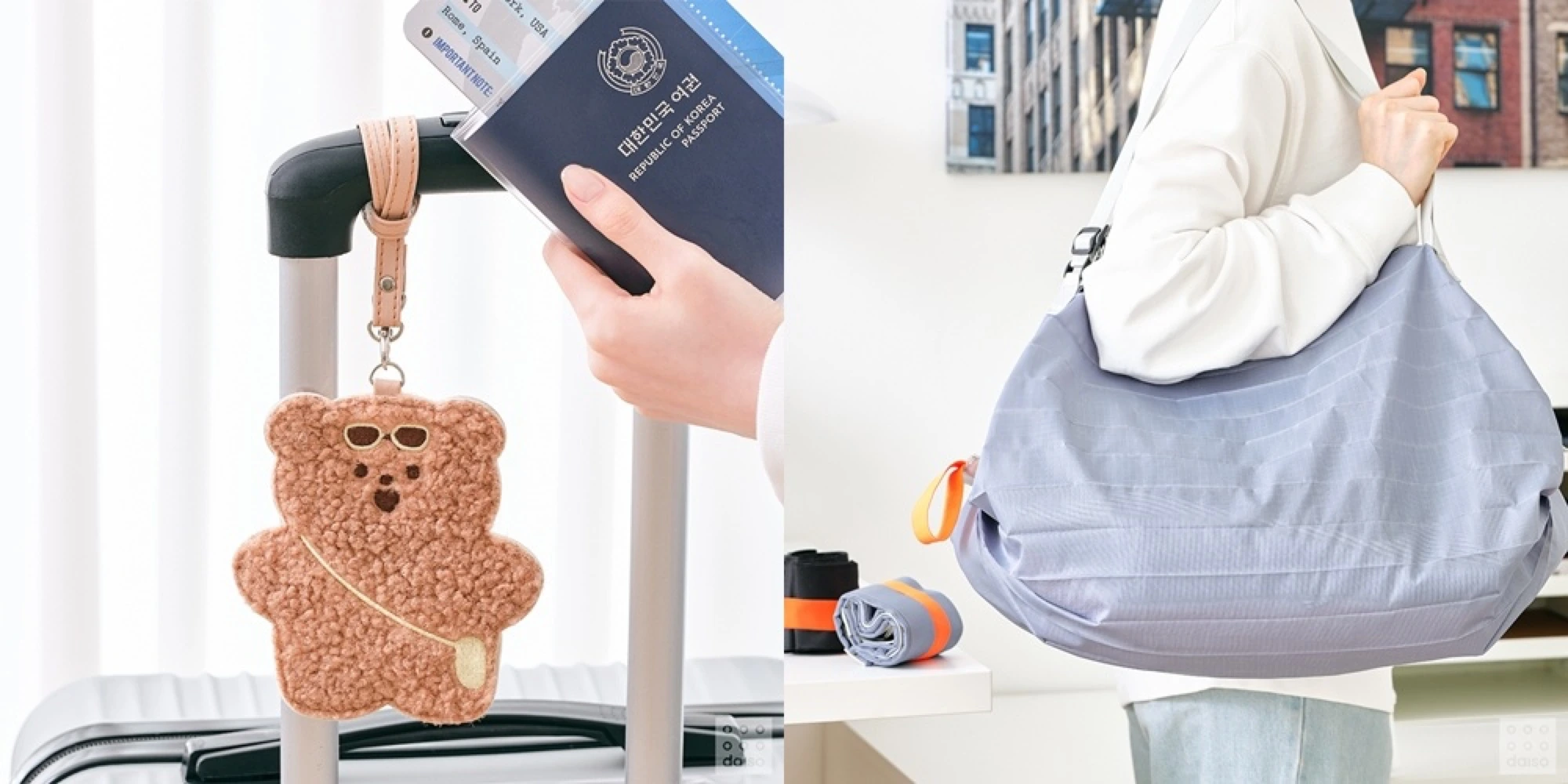 Daiso press photo pairing a bear-shaped luggage tag and Korean passport with a large gray foldable shoulder bag