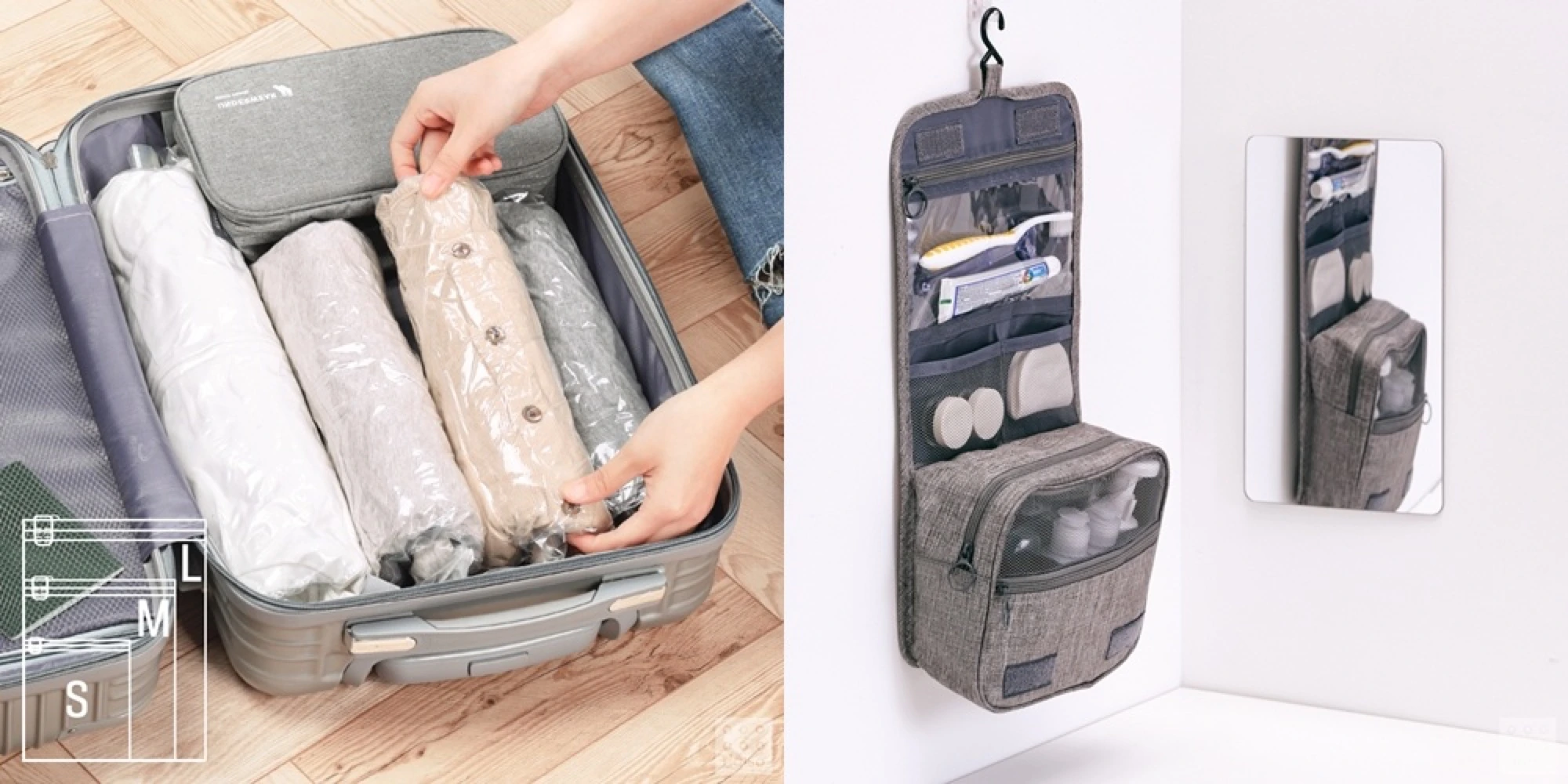 Daiso press photo showing rolled clothes in a suitcase beside a hanging toiletry organizer filled with travel bottles and small bathroom items