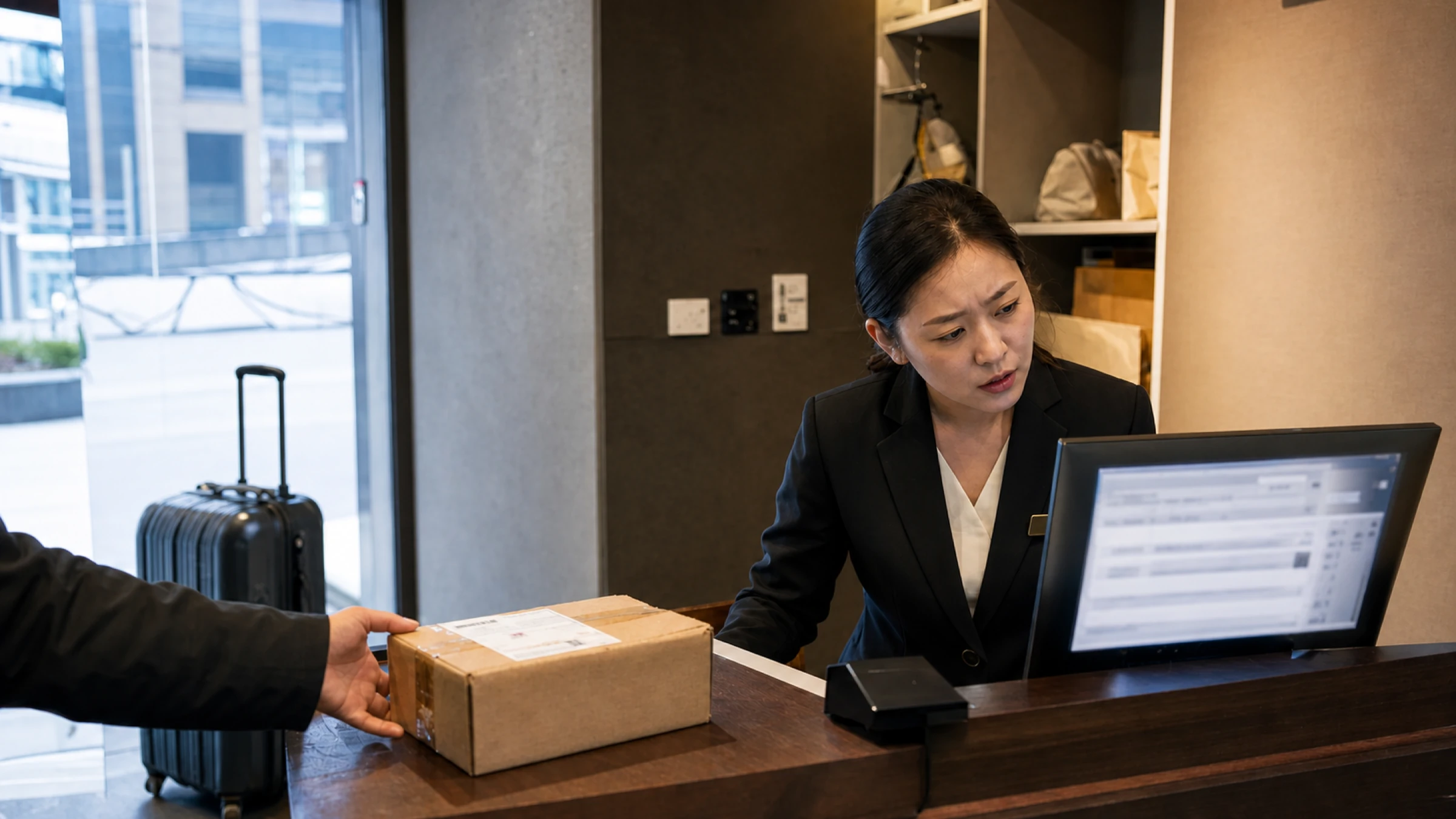 A Seoul hotel receptionist comparing a newly arrived parcel with the guest reservation screen