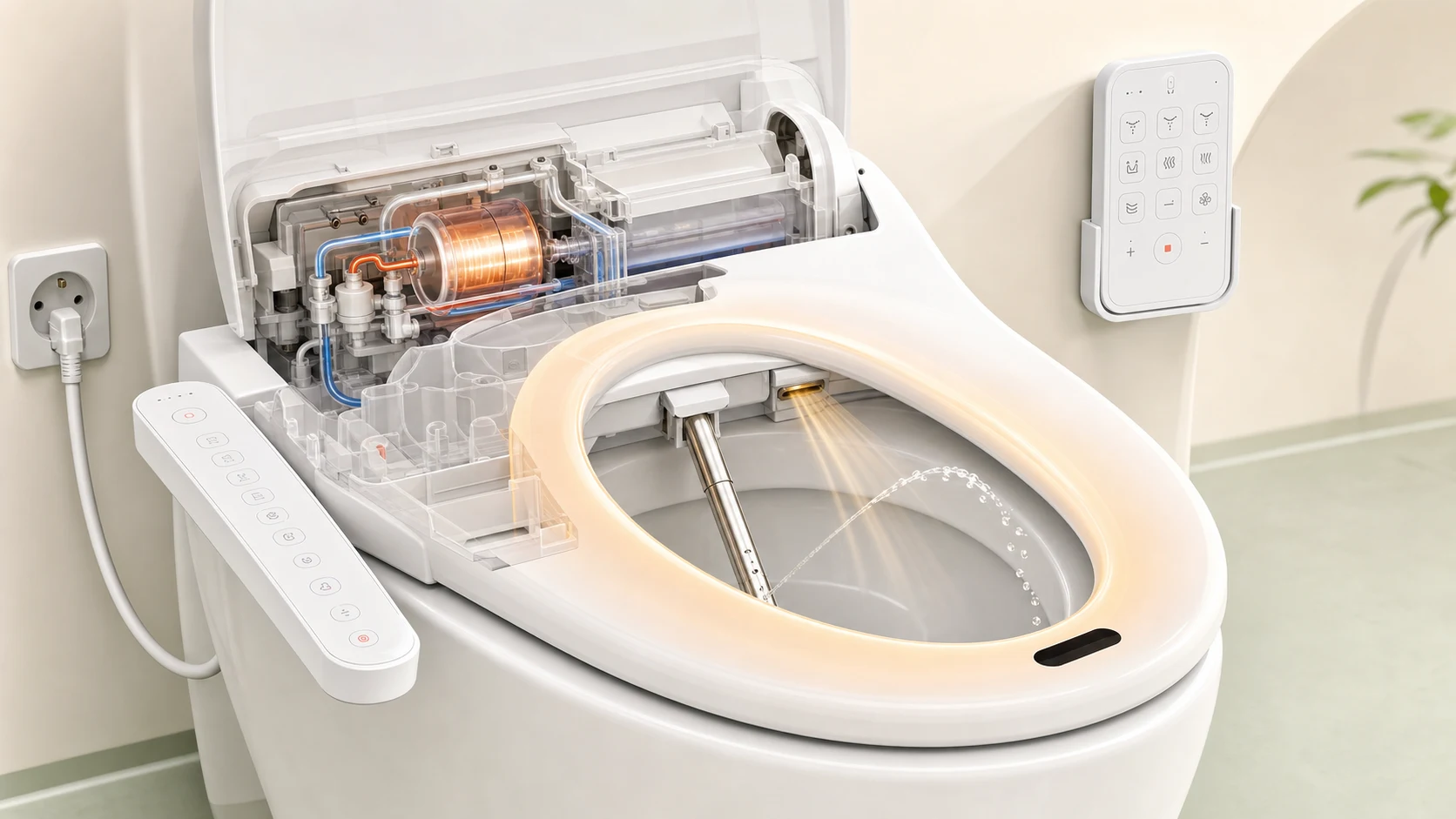 Cutaway illustration of a full electric Korean bidet seat with heated ring, instant warm-water system, stainless nozzle, warm-air dryer, controls and grounded power cable