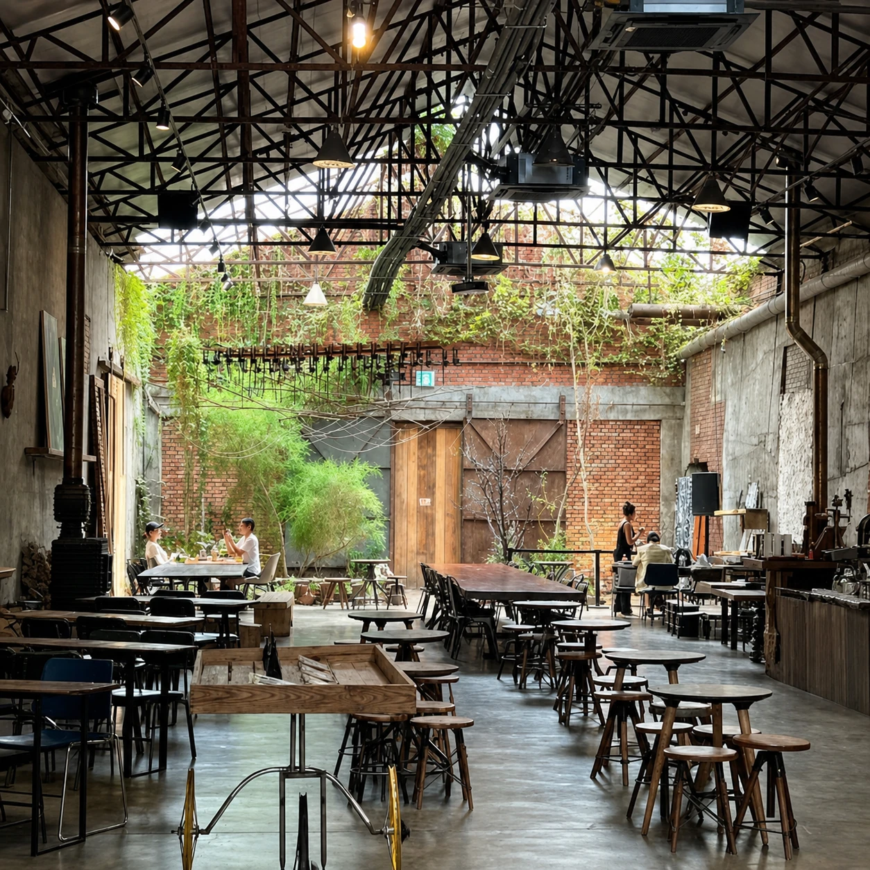 Long communal tables beneath the steel-truss roof of Daelim Warehouse Gallery in Seongsu