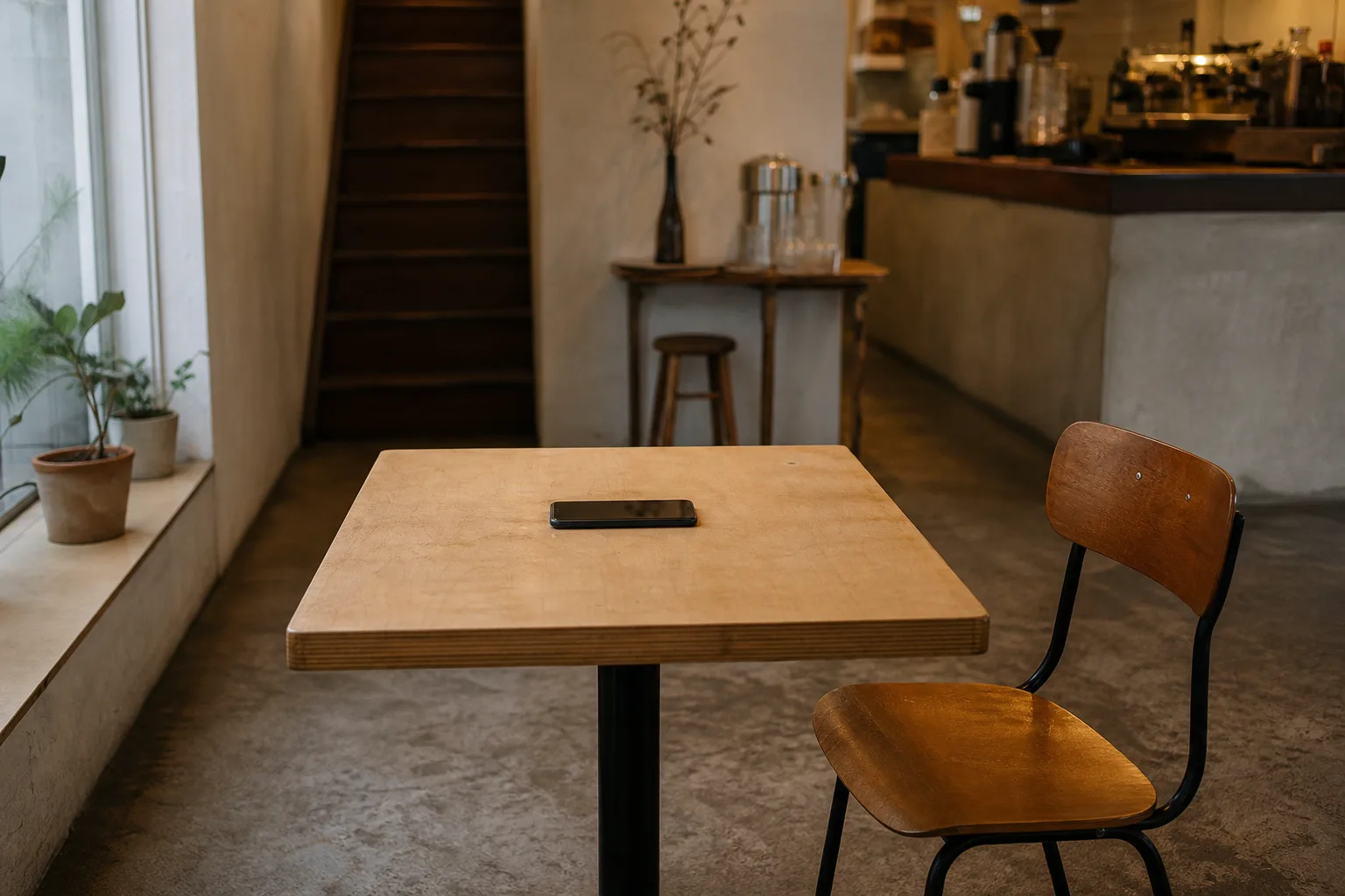 A black smartphone holding an otherwise empty table in a Seoul café
