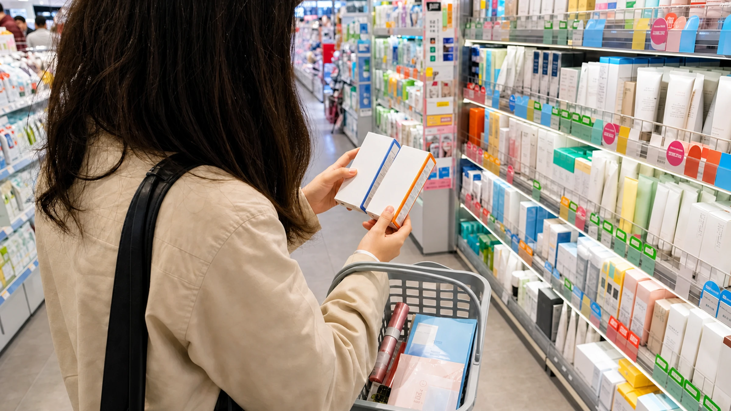 A traveler comparing two skincare boxes in a bright Korean beauty store