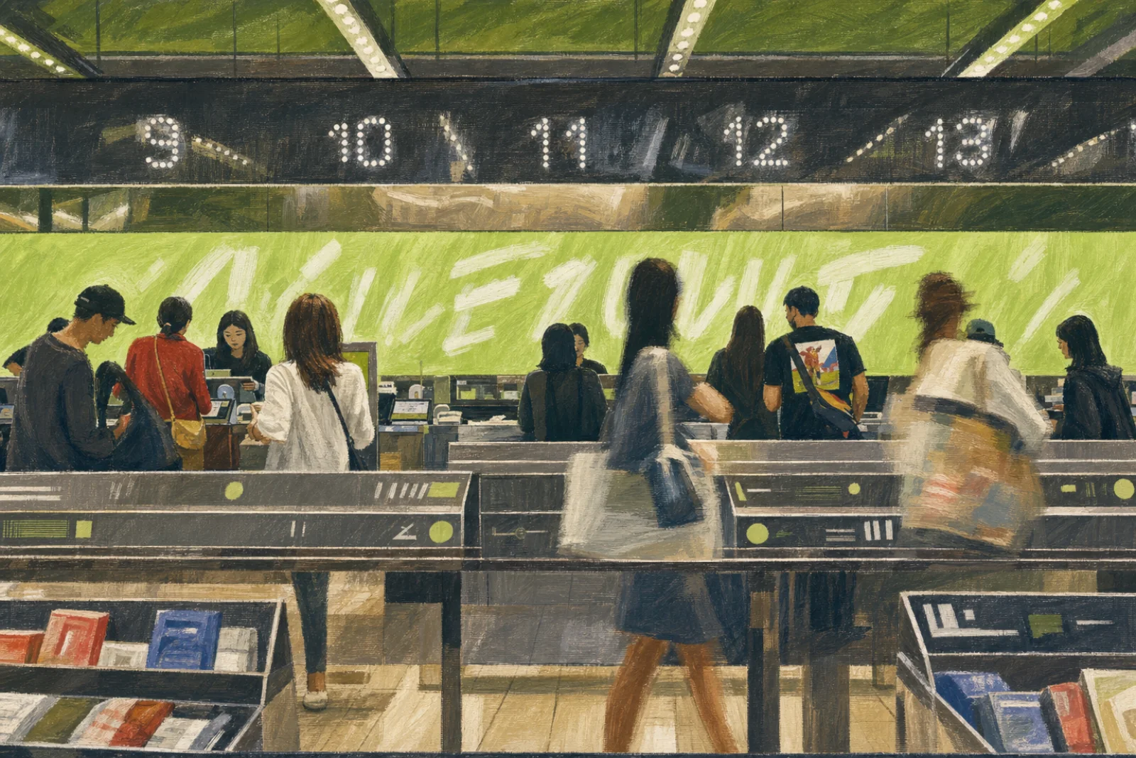 An editorial illustration of travelers moving through numbered checkout counters at a busy beauty store