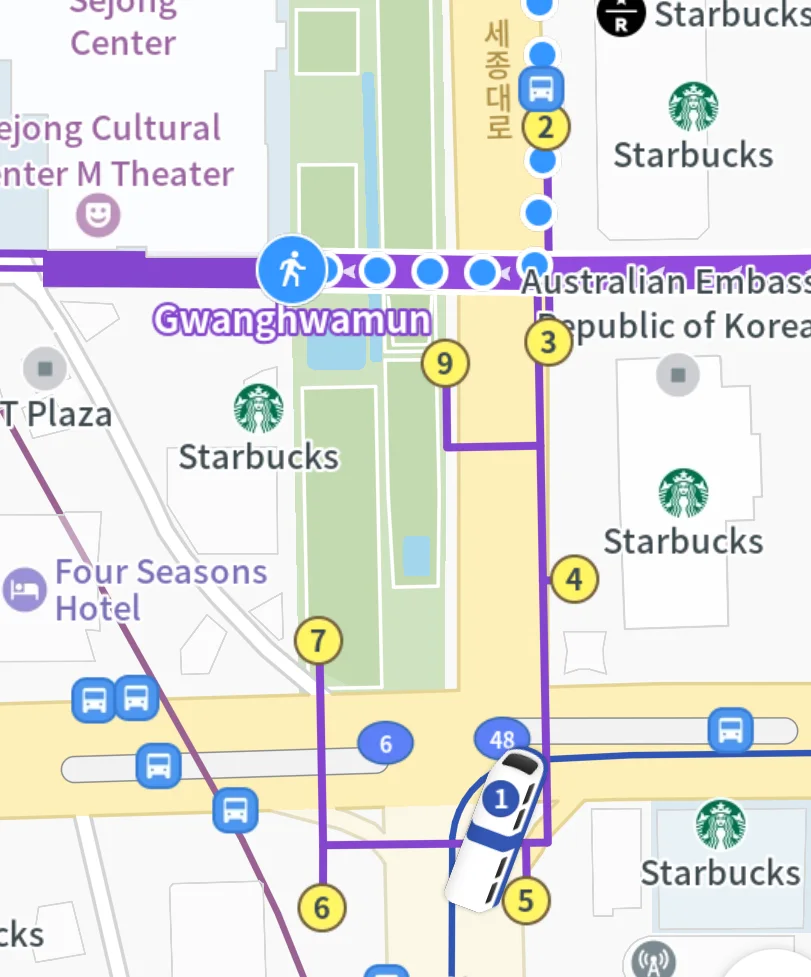 Naver Map at Gwanghwamun Station showing subway exits as yellow numbered circles along Sejong-daero