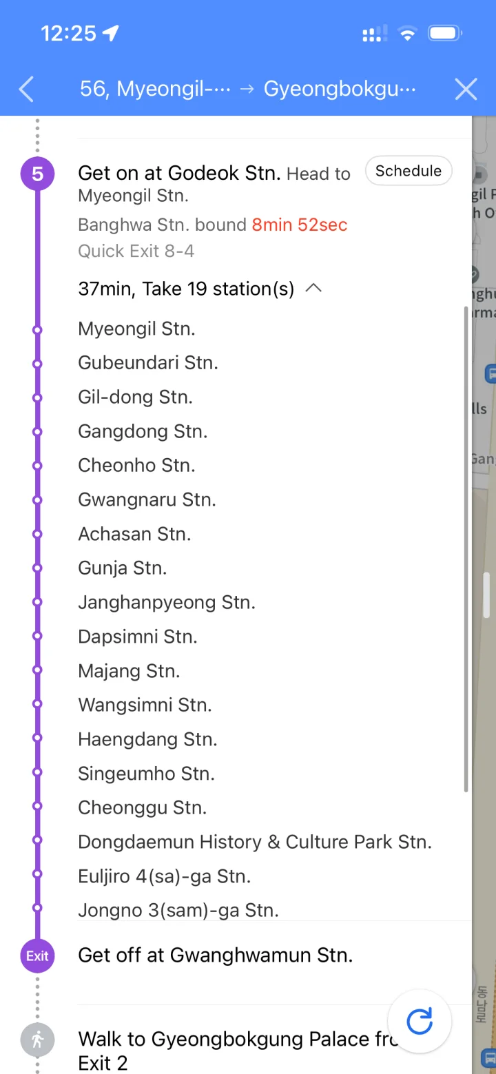 Naver Map route details showing Line 5 from Godeok toward Banghwa, the next stations, quick-exit car position, and Gwanghwamun as the destination