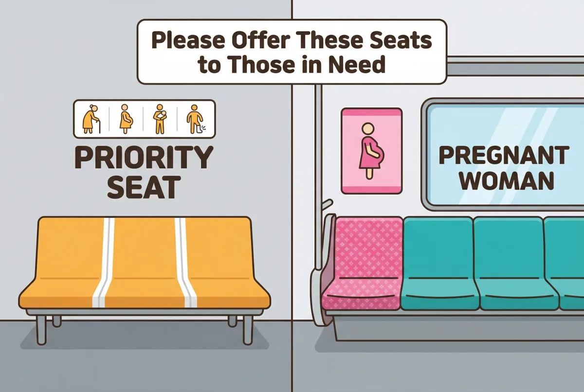 Illustration comparing orange priority seats and a pink pregnancy seat inside a Seoul subway car