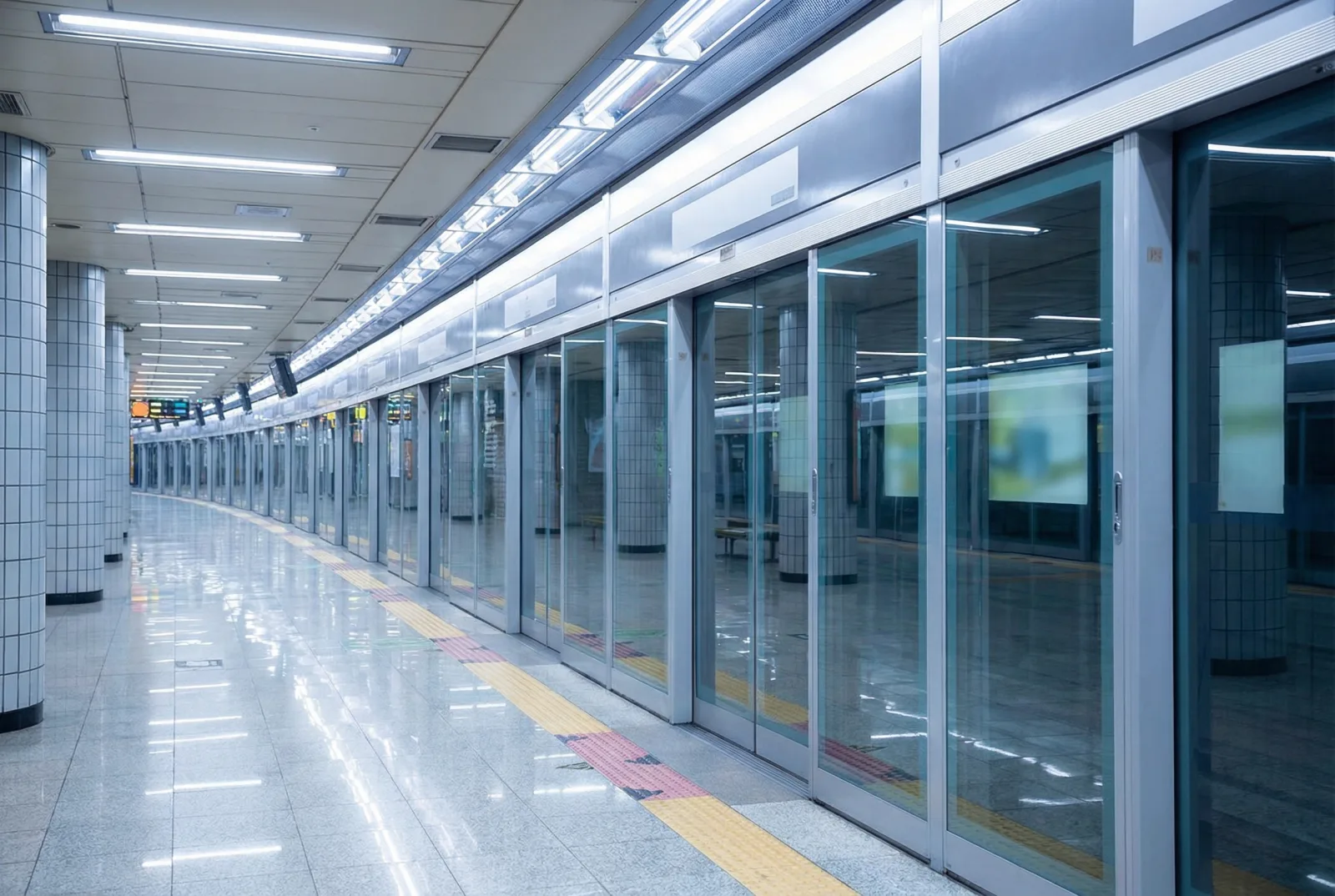 An empty Seoul subway platform with glass screen doors and a yellow tactile path