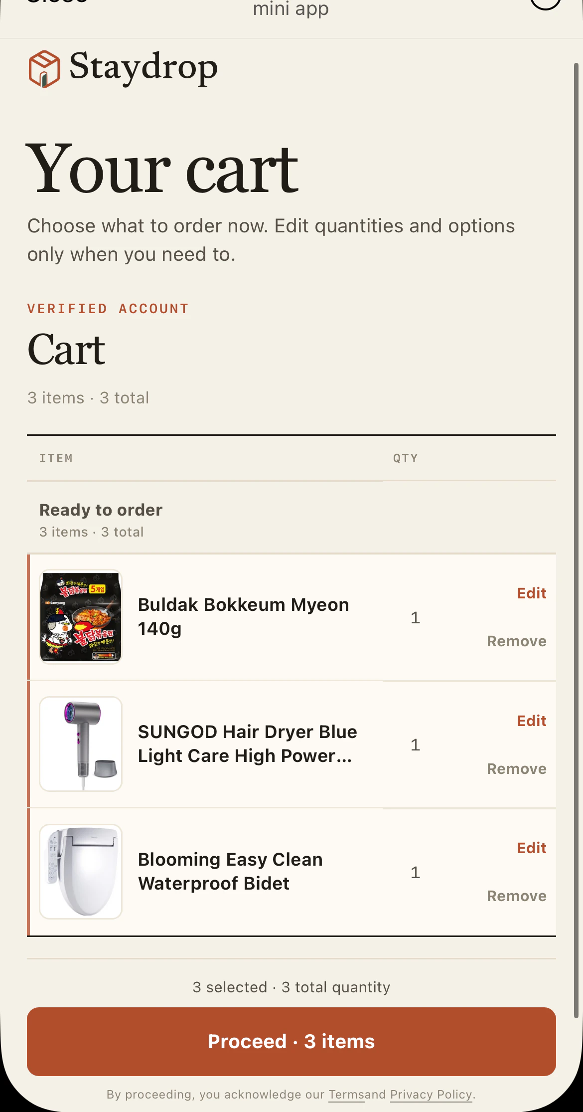 The actual Staydrop Telegram Mini App cart with three products ready to order