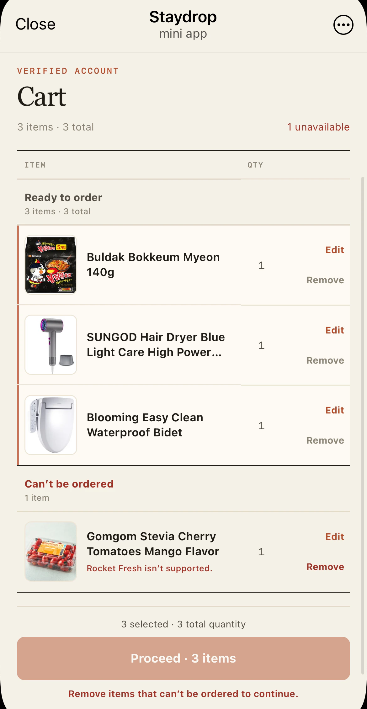 The actual Staydrop cart with three ready products and one unsupported Rocket Fresh product