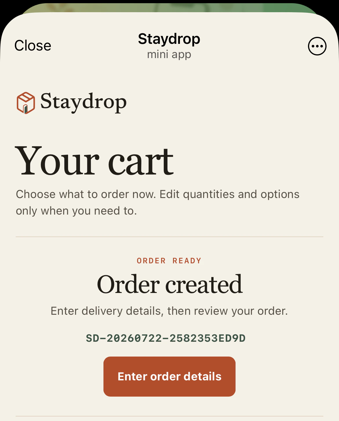 The actual Staydrop Mini App order-created screen with an Enter order details button