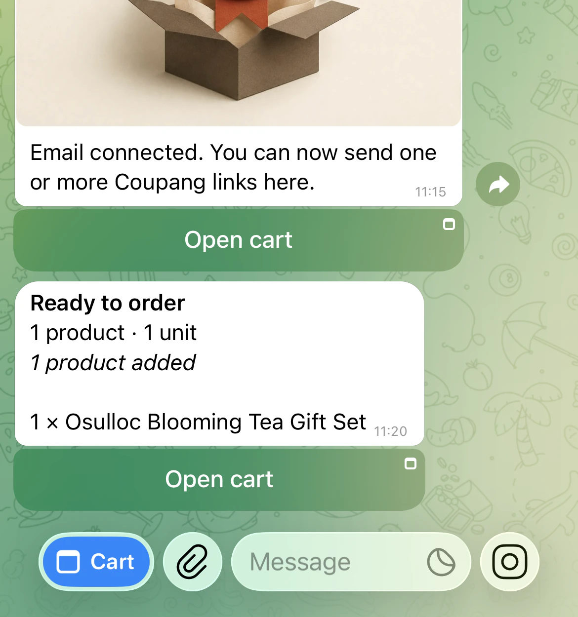 A real Staydrop Telegram chat confirming that one Coupang product was added