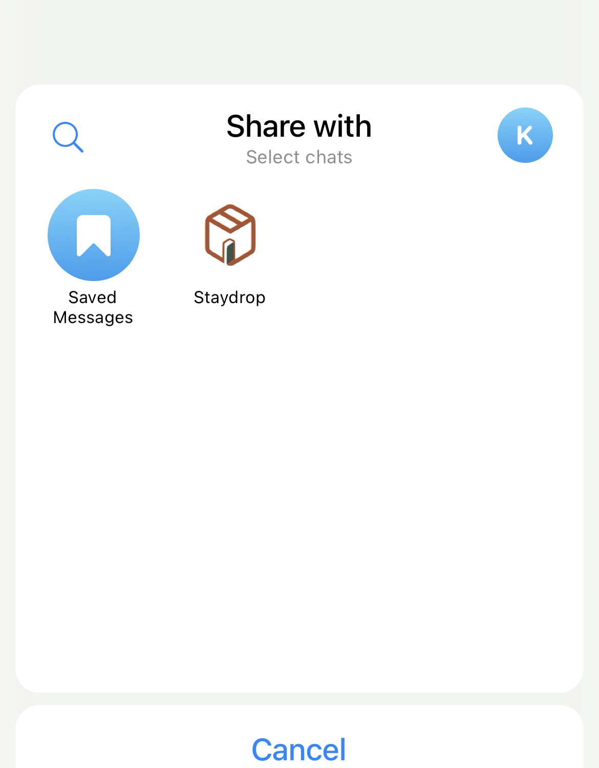 The real Telegram Share with screen showing Staydrop as a destination