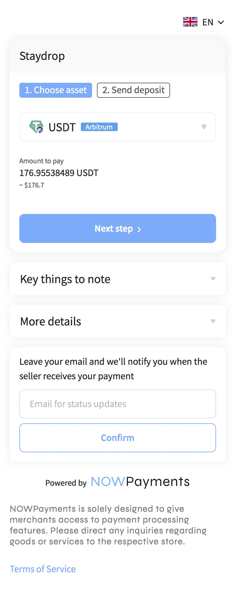 A real Staydrop payment checkout showing USDT on the Arbitrum network
