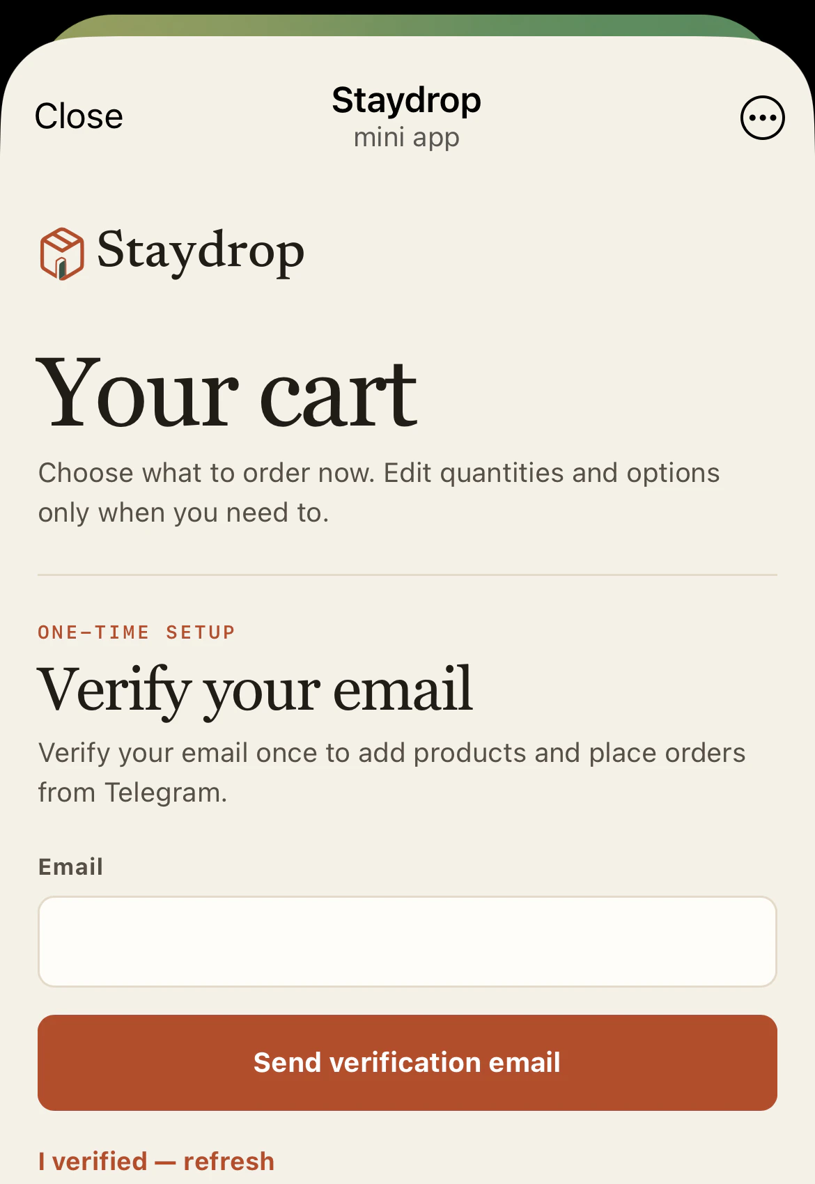 The actual Staydrop Telegram Mini App email verification form