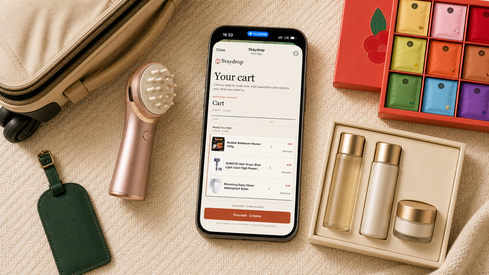 A Staydrop Telegram Mini App cart containing three Coupang products