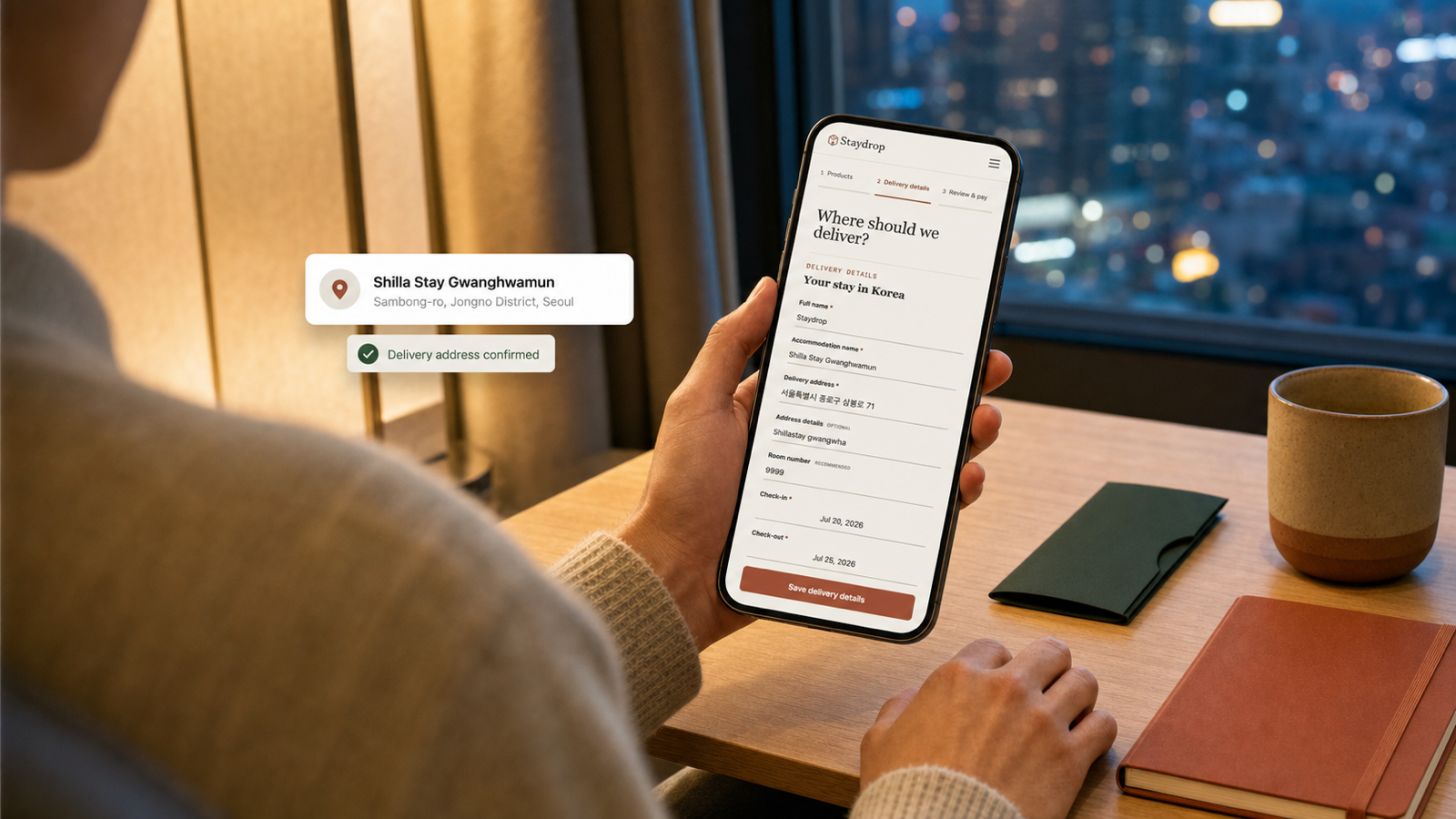 A traveler entering hotel delivery information into a Staydrop order