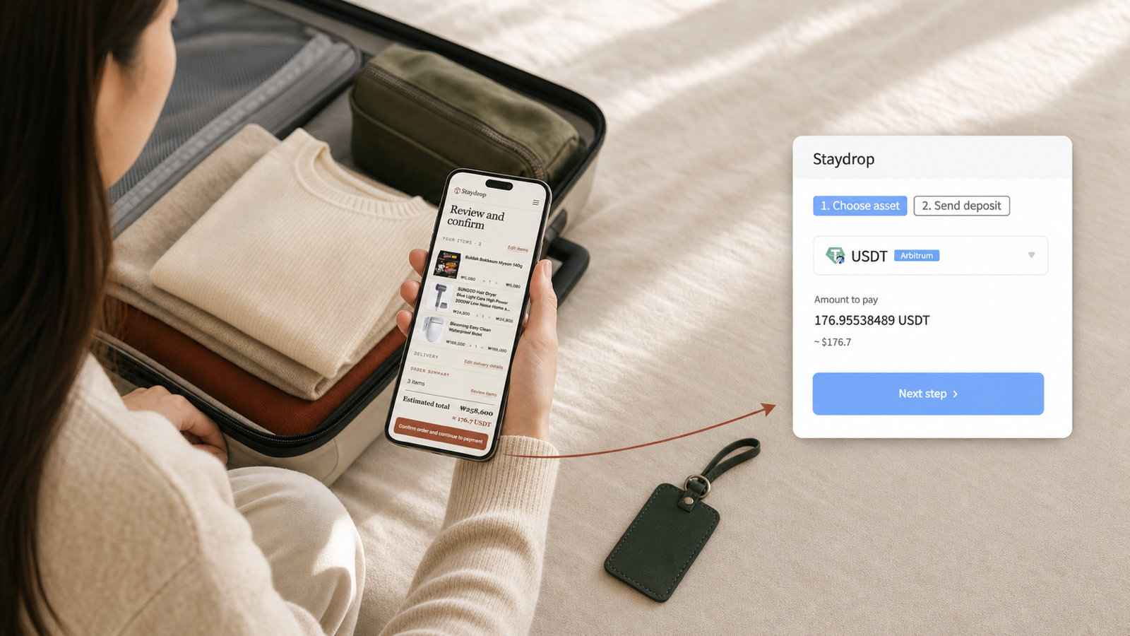 A Staydrop order review screen leading to a USDT payment screen