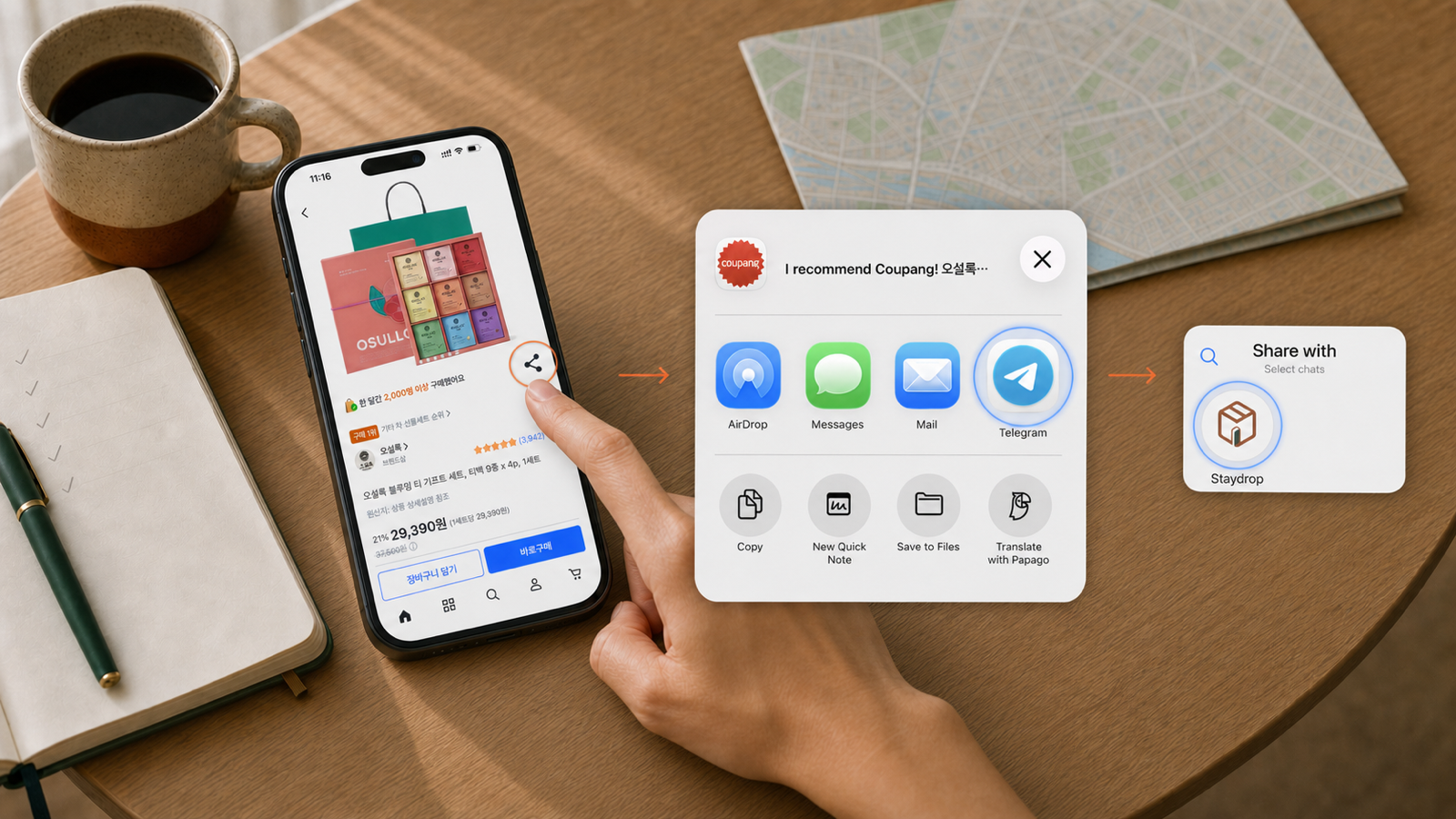 A Coupang product being shared through the iPhone share sheet to Staydrop on Telegram